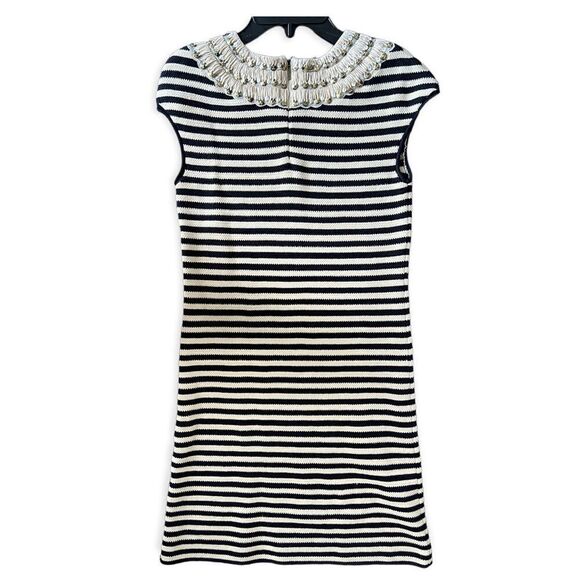 Tory Burch Dark Navy and Beige Striped Dress, Embellished Neck Line Trim - Picture 4 of 5